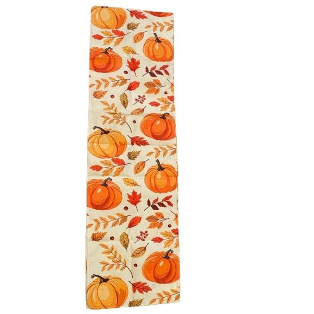 Fall Table Runner 13x90in Woven Polyester Pumpkins Leaves